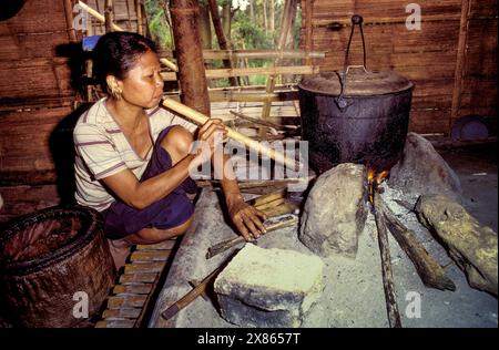 Philippinen, Mindenao; eine Frau aus dem Stamm der T'boli kocht Essen im Haus auf einem Holzfeuer. Ein Bambus-Blasrohr wird verwendet, um das Feuer anzufeuern. Stockfoto