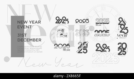 Premium Vector 2025-Design. Silvester 2025 Set-Design mit dezenter Farbgebung. Das neue Jahr 2025 setzt einen Hintergrund mit einem glatten und fröhlichen Hintergrund. Stock Vektor