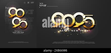 Happy New Year 2025 Design. Einzigartiges Zahlendesign mit eleganter goldfarbener Textur-Illustration. Luxuriöses Design für „Happy New Year 2025“. Stock Vektor