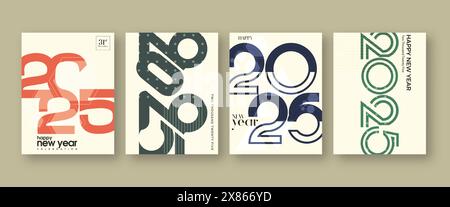 Vier Sets mit Happy New Year 2025 Designs. Klassisches Retro-Design. 2025 Typografie-Logodesign für Saisonfeier und Dekoration. Neujahr 2025. Stock Vektor