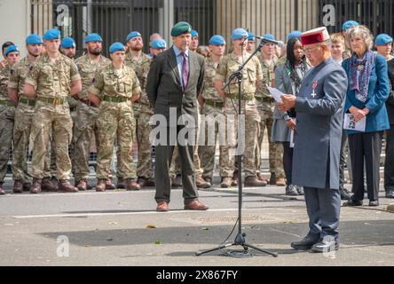 London, Großbritannien. Mai 2024. Zeremonie zum Tag der Friedenssicherungskräfte im Cenotaph in Whitehall anlässlich des Internationalen Tages der UN-Friedenssicherungskräfte 2024. Quelle: Phil Robinson/Alamy Live News Stockfoto