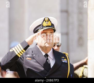 London Whitehall 23. Mai 2024 Eine Militärbande und ein Zug von Soldaten der UNO-Friedenstruppe marschiert nach Whitehall, um den Internationalen Tag der UN-Friedenstruppen BridgetCatterall/AlamyLiveNews zu feiern Stockfoto