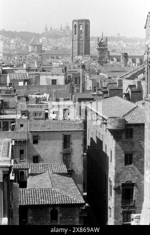 Blick über die Altstadt von Barcelona vom Turm der Kathedrale von Barcelona, erkennbar der Glockenturm der Kirche Santa María del Pino sowie im Hintergrund der Palau Nacional auf dem Berg Montjüic, Spanien 1957. Blick über die Altstadt von Barcelona vom Turm der Kathedrale von Barcelona, mit dem Glockenturm der Kirche Santa María del Pino und dem Palau Nacional auf dem Berg Montjüic im Hintergrund, Spanien 1957. Stockfoto