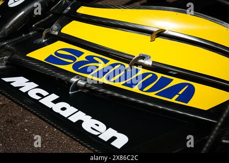 Die Ayrton Senna Tribut an das McLaren F1 Team MCL38 während des Formel 1 Grand Prix de Monaco 2024, 8. Runde der Formel 1 Weltmeisterschaft 2024 vom 23. Bis 26. Mai 2024 auf dem Circuit de Monaco in Monaco Stockfoto