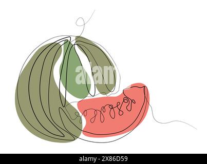 Wassermelonenvektor eine durchgehende Linienzeichnung mit abstrakten Farbformen. Illustration, Banner im modernen Memphis-Stil. Minimalistisches Banner, Hintergrund, Stock Vektor