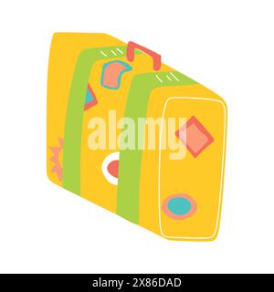Vector Travelers Vintage Lederkoffer mit Flughafen-Aufklebern darauf. Zeichentrickfilm flache bunte Illustration isoliert auf weißem Hintergrund. Urlaubskonce Stock Vektor