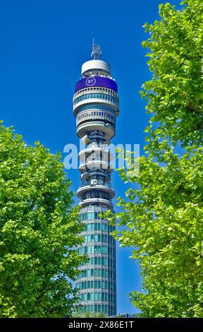 Der BT Tower oder Post Office Tower ist ein in der Klasse II gelisteter Kommunikationsturm in Fitzrovia, London Stockfoto