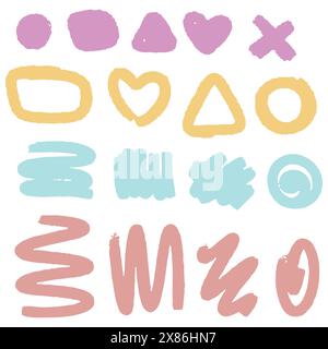 Set mit farbigen, handgezeichneten Grunge-Designelementen. Pinsellinien von Hand zeichnen. Stock Vektor