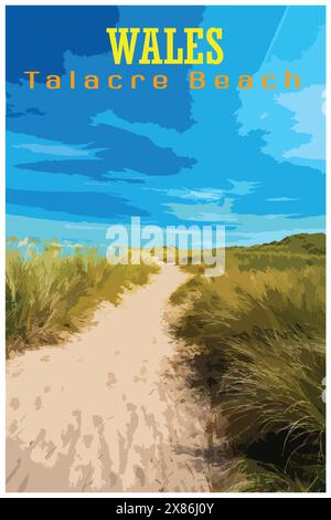 Das von WPA inspirierte Retro-Reiseplakat zeigt an einem sonnigen Sommertag die Sanddünen und den Strand von Talacre, einem beliebten Touristenziel in Nordwales, Großbritannien. Stock Vektor