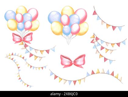Heliumballons mit Bögen und Wimpelgirlanden. Happy Birthday Clipart-Kollektion. Handgezeichnete Aquarellillustrationen festliches Set. Isolierte Vorlage Stockfoto