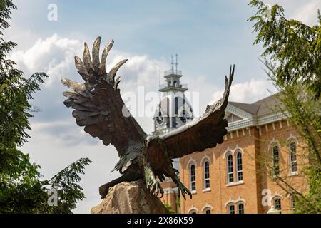 Hillsdale, Michigan - Hillsdale Eagle am Eingang zum Hillsdale College, einer konservativen christlichen Bildungseinrichtung. Stockfoto