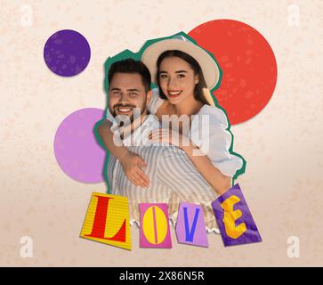 Nettes Paar bei Date. Kreative Kunstcollage Stockfoto