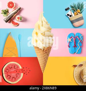 Collage mit Eis und anderen Sommersachen Stockfoto