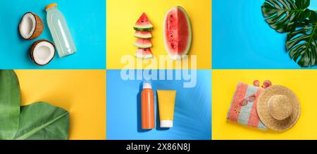 Sommer-Vibes, Bannerdesign. Collage mit saisonalem Obst, Strandzeug und tropischen Blättern Stockfoto