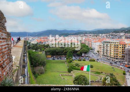 Savona, Liturgia, Italien. Blick über die Stadt Savona von der Festung Priamar. Stockfoto