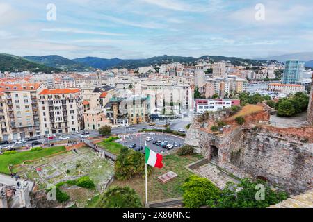 Savona, Liturgia, Italien. Blick über die Stadt Savona von der Festung Priamar. Stockfoto