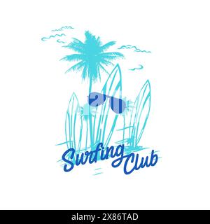 Surfing Club Summer Beach mit Palmen im grafischen Design Stock Vektor