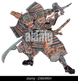 Traditioneller Holzblock-Druck des wilden Samurai-Kriegers, komplett mit Körperpanzerung, Helm (kabuto), Halbmaske (Mempo) auf weiß und Schwertern auf weiß. Stockfoto