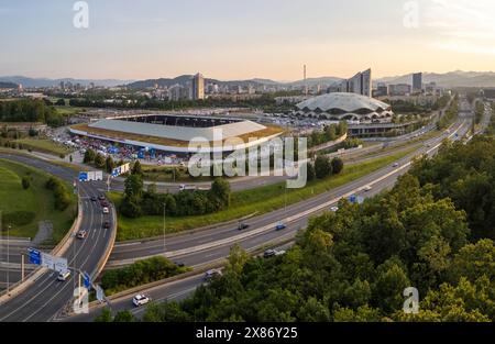 Ljubljana Stozice, Slowenien - 19. Juni 2023: Fußballstadion und Arena, Luftaufnahme Stockfoto