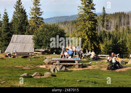 TATRA-BERGE, POLEN - 10. SEPTEMBER 2023: Touristen besuchen Rusinowa Polana im Tatrzanski-Park Narodowy (Tatra-Nationalpark) in Polen. Stockfoto