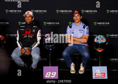 Circuit de Barcelona, Barcelona, Katalonien, Spanien. Mai 2024. 2024 MotoGP des Catalunya Arrivals Day; Jorge Martin und Marc Marquez während der Pressekonferenz im Catalunya MotoGP Credit: Action Plus Sports/Alamy Live News Stockfoto