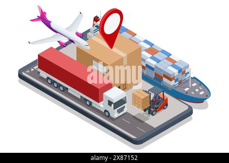 Globales Logistiknetzwerk Isometrie Luftfracht LKW Schienentransport Seeschifffahrt pünktliche Lieferfahrzeuge für den Transport großer Mengen Stock Vektor