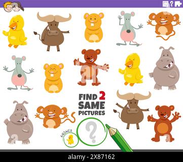 Cartoon-Illustration von zwei gleichen Bildern, Bildungsaktivität mit Tierfiguren Stock Vektor