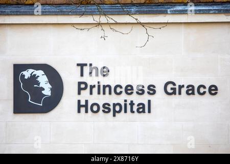 London, UK - 4. März 2024: Schild an der Außenseite des Princess Grace Hospital, das sich im Marylebone-Viertel von London befindet. Stockfoto