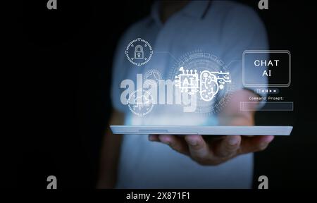 Künstliche Intelligenz. KI-Technologie. Ein Mann verwendet Chat-Ai-Technik auf seinem Tablet-Computer, indem er eine Eingabeaufforderung eingibt, um etwas zu generieren Stockfoto