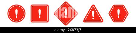 Set aus runden, quadratischen, rhombischen, dreieckigen und sechseckigen roten Straßenschildern mit Ausrufezeichen. Warnschild. Vektorsymbole zur Warnung vor der Situation Stock Vektor
