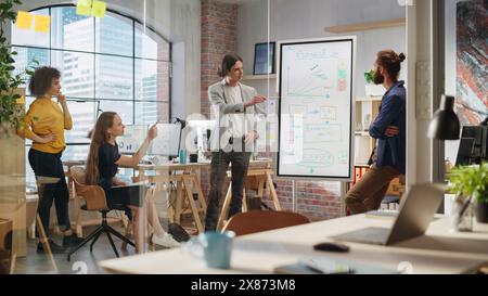 Junger Marketingspezialist, der eine Brainstorming-Sitzung mit einem Team im Besprechungsraum des Kreativbüros leitet. Projektmanager zeigt die Präsentation des Projektplans auf dem digitalen Whiteboard-Monitor an. Stockfoto