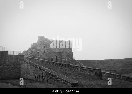 Ein Schwarzweißfoto einer alten Steinburg mit einer Rampe, die hinauf führt. Der Himmel ist bedeckt und verleiht der Szene eine stimmungsvolle Atmosphäre. Stockfoto