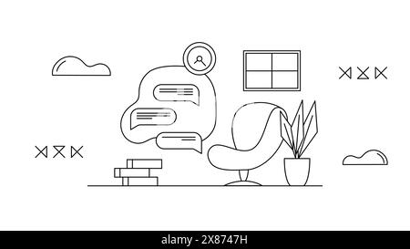 Organisationskonzept für Freiberufler. Heim-Arbeitsplatz. Vorteile von Remote-Arbeiten, Einschränkungen und Workflow. Szene der Arbeitsorganisation und des Arbeitsablaufs zu Hause Stock Vektor