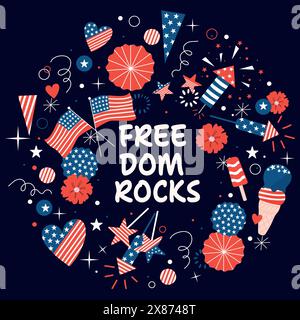 Helles, handgezeichnetes Festplakat „Freiheit“ rockt. 4. Juli Vektorquadratisches Design. Stock Vektor