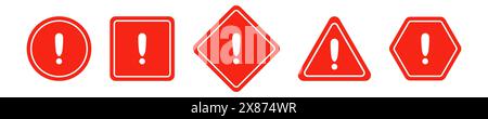 Set aus runden, quadratischen, rhombischen, dreieckigen und sechseckigen roten Straßenschildern mit Ausrufezeichen. Warnschild. Vektorsymbole zur Warnung vor der Situation Stock Vektor
