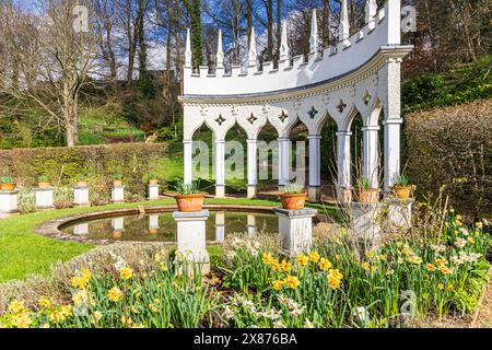 Narzissen im Frühling vor der Exedra im Painswick Rococo Garden im Cotswold Dorf Painswick, Gloucestershire. England Großbritannien Stockfoto