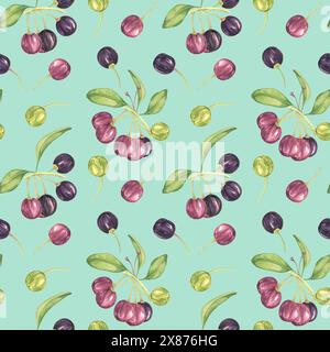 Maqui Beere, lila rosa Frucht nahtlos Muster mit Blättern. Aristotelia chilensis textiler Aquarell-Ornament-Clipart. Lebhaftes chilenisches Weinbeermuster für Kleidung, Papier, Scrapbooking und Tapeten Stockfoto