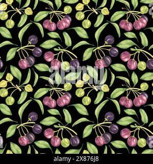 Maqui Beere, lila rosa Frucht nahtlos Muster mit Blättern. Aristotelia chilensis textiler Aquarell-Ornament-Clipart. Lebhaftes chilenisches Weinbeermuster für Kleidung, Papier, Scrapbooking und Tapeten Stockfoto