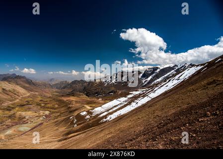 Panorama von Gipfeln und Tälern mit Plateaus blauem Himmel und weißen Wolken im Hintergrund Gletscher in den Anden von Peru nahe Ausangate in der Nähe von Ausangate Stockfoto