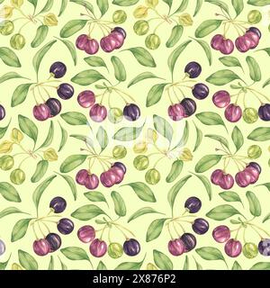 Maqui Beere, lila rosa Frucht nahtlos Muster mit Blättern. Aristotelia chilensis textiler Aquarell-Ornament-Clipart. Lebhaftes chilenisches Weinbeermuster für Kleidung, Papier, Scrapbooking und Tapeten Stockfoto