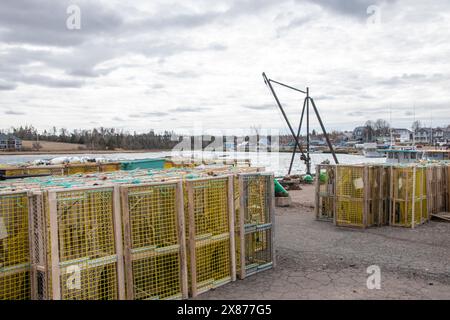 Hummer-Fallen auf dem Dock in North Rustico, Prince Edward Island, Kanada Stockfoto