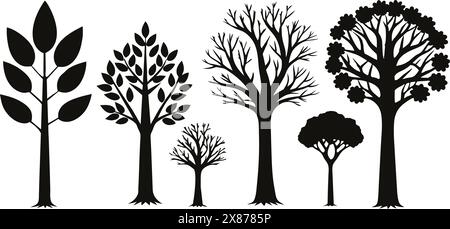 Set minimalistischer Silhouetten mit schwarzem Baum, perfekt für Ihr Design Stock Vektor