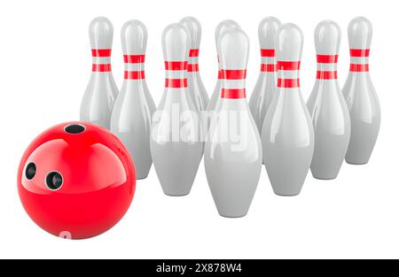 Bowlingball und Kegel. Set aus Bowling, 3D-Rendering isoliert auf weißem Hintergrund Stockfoto