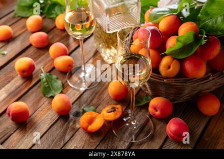 Aprikosenlikör oder Grappa und frische Aprikosen auf einem alten Holztisch. Stockfoto