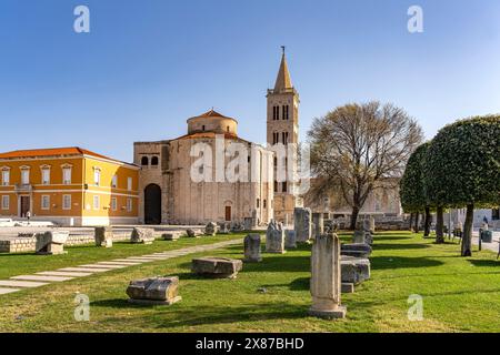 Die Kirche Sankt Donatus, Reste des römischen Forums und der Glockenturm der Kathedrale von Zadar, Kroatien, Europa Stockfoto