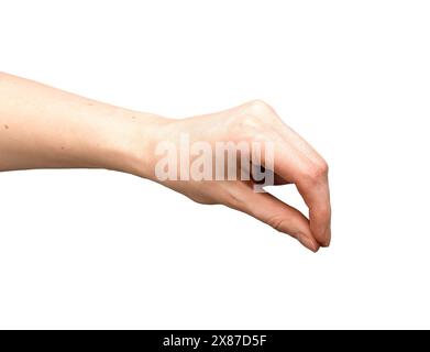 Drücken Sie die Hand zusammen, mit dem Finger isolierter Daumen. Pick-Hold-Frau, weißes Gestenzeichen. Karte kleines etwas, Zeigefinger kleine Haut Arm hält. Salt-Grip-Bus Stockfoto