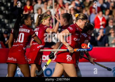 Antwerpen, Belgien. Mai 2024. Belgische Spieler feiern nach einem Hockeyspiel zwischen der belgischen Nationalmannschaft Red Panthers und Indien, Match 6/16 in der Gruppenphase der FIH Pro League 2024, Donnerstag, den 23. Mai 2024, in Antwerpen. BELGA FOTO JASPER JACOBS Credit: Belga News Agency/Alamy Live News Stockfoto