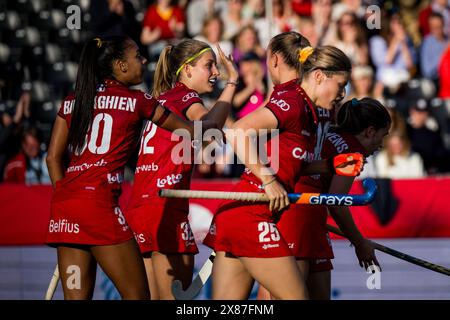 Antwerpen, Belgien. Mai 2024. Belgische Spieler feiern nach einem Hockeyspiel zwischen der belgischen Nationalmannschaft Red Panthers und Indien, Match 6/16 in der Gruppenphase der FIH Pro League 2024, Donnerstag, den 23. Mai 2024, in Antwerpen. BELGA FOTO JASPER JACOBS Credit: Belga News Agency/Alamy Live News Stockfoto