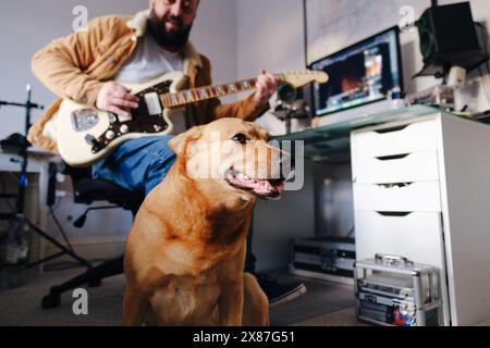 Der Hund sitzt neben dem Besitzer zu Hause Stockfoto