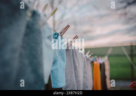 Kleidung trocknet am Schnur im Hinterhof Stockfoto